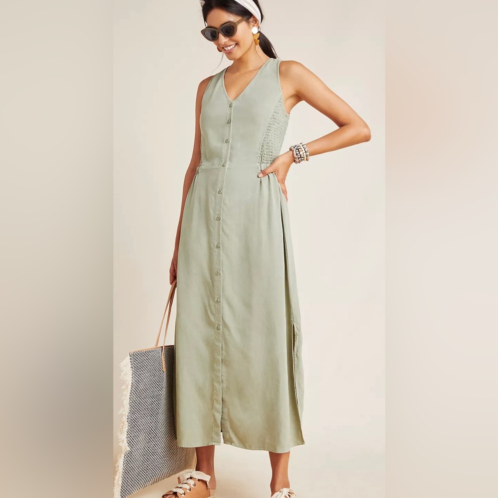 Anthropologie Sage Green Button-Down Maxi Dress